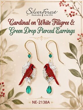 Silver Forest Cardinal on White Filigree & Green Drop Pierced Earrings